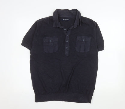 Next Men's Blue Linen Blend Henley Jumper Large Short Sleeve