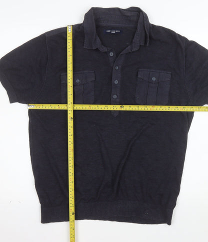 Next Men's Blue Linen Blend Henley Jumper Large Short Sleeve