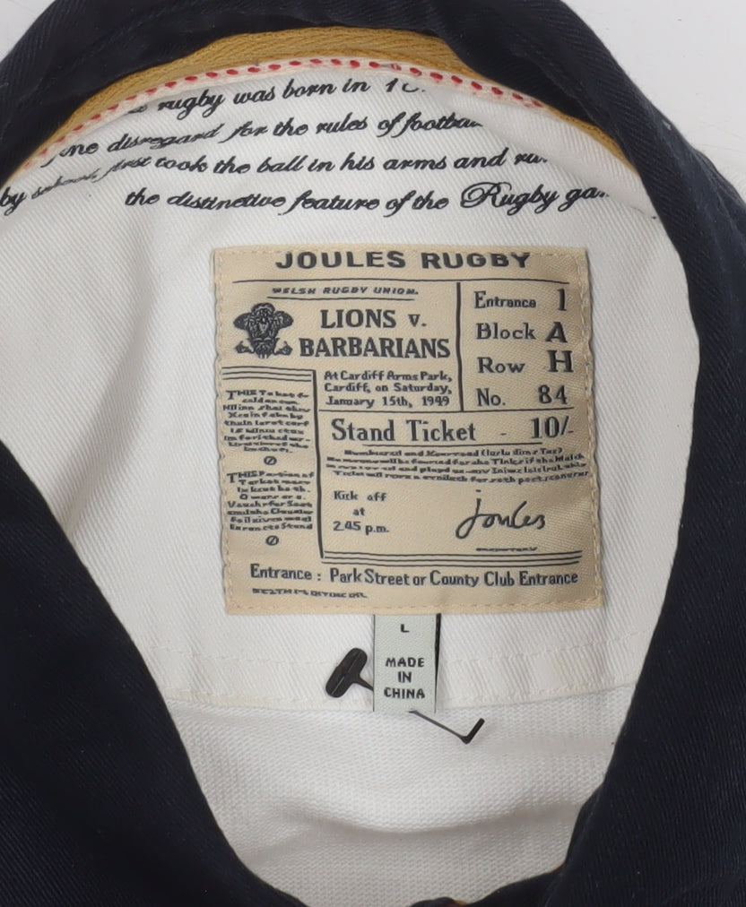 Joules Men's White Rugby Long Sleeve Collared Cotton T-Shirt L