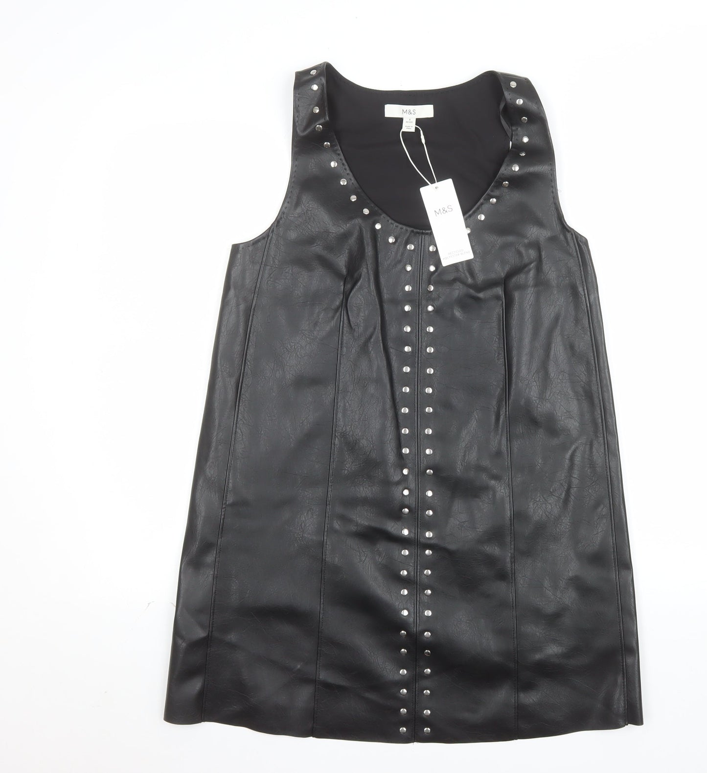 Marks and Spencer Women's Black Petite Size 8 Studded Faux Leather Shift Dress