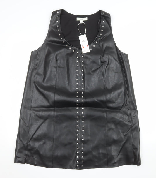 Marks and Spencer Women's Black Studded Faux Leather Shift Dress Size 16