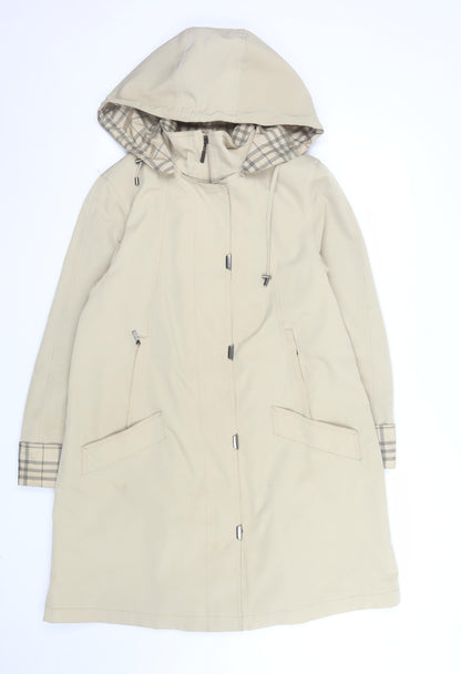 Jacques Vert Women Beige Rain Coat Hooded Long Check Lined Size M