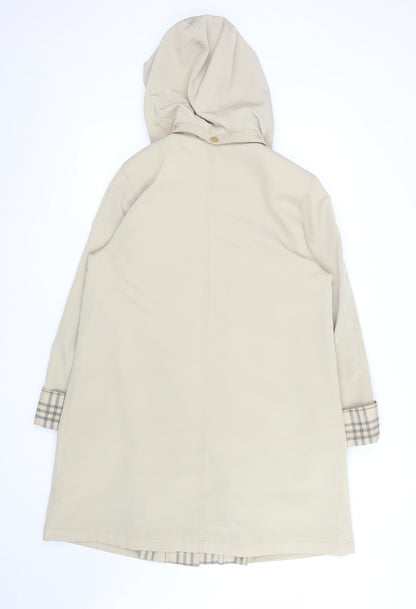 Jacques Vert Women Beige Rain Coat Hooded Long Check Lined Size M