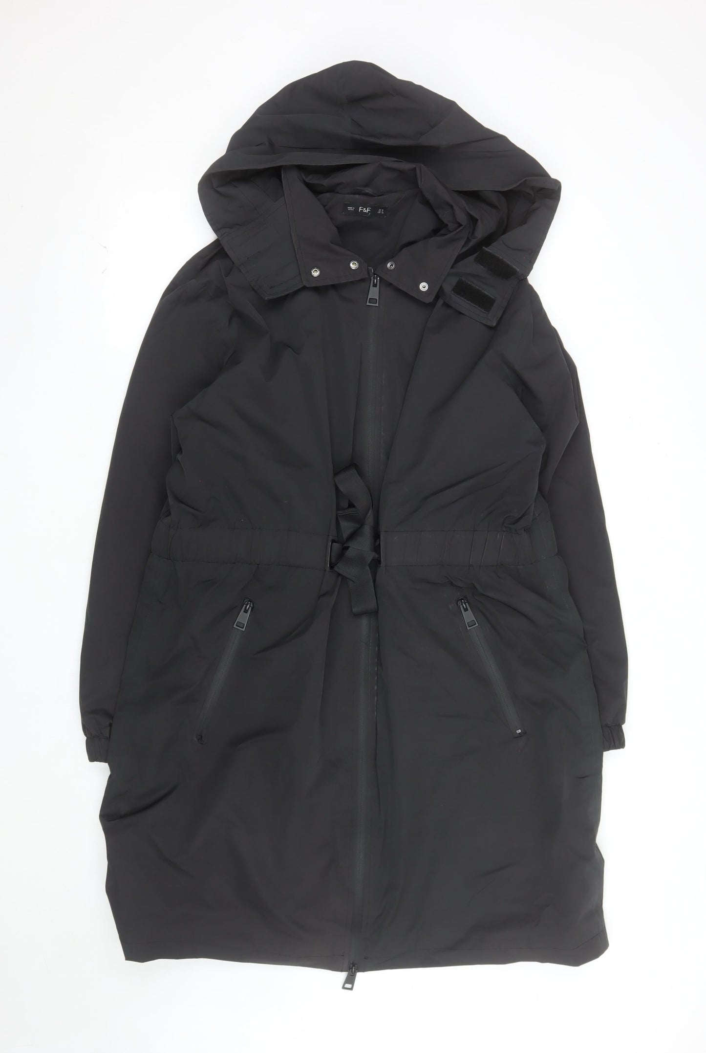 F&F Women’s Black Long Hooded Parka Coat UK 16 Belted Water Resistant