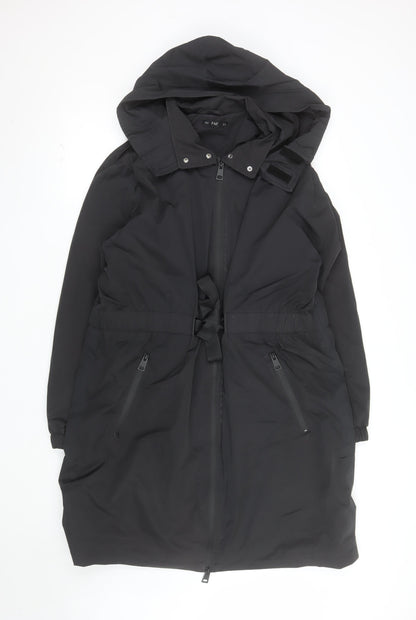 F&F Women’s Black Long Hooded Parka Coat UK 16 Belted Water Resistant