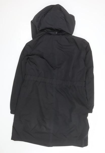 F&F Women’s Black Long Hooded Parka Coat UK 16 Belted Water Resistant