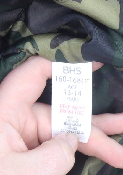 BHS Boys Green Hooded Parka Coat Age 13-14 Years Faux Fur Trim Winter Jacket