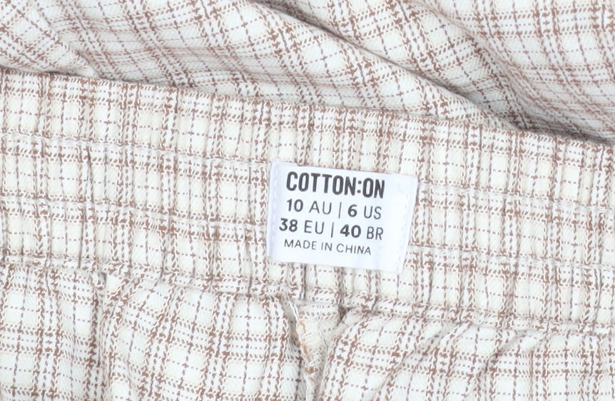 Cotton On Women's Beige Check Elastic Waist Straight Trousers Size 10