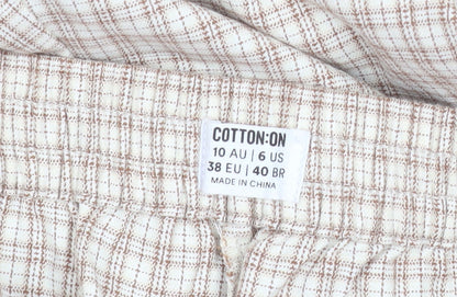 Cotton On Women's Beige Check Elastic Waist Straight Trousers Size 10