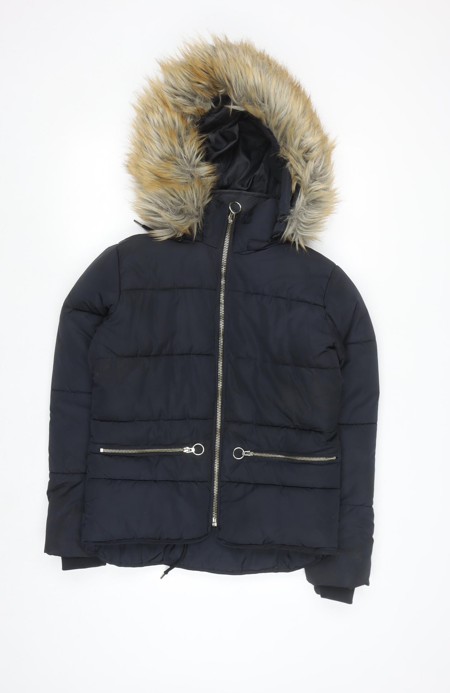 Topshop Women's Black Faux Fur Hooded Puffer Jacket Size 6