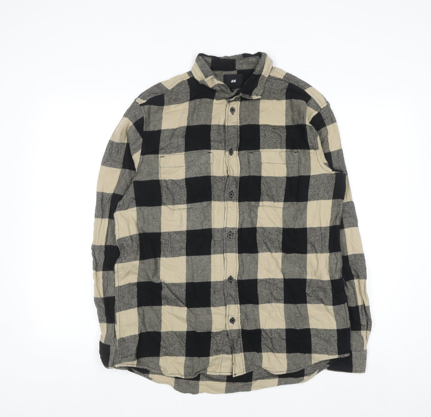 H&M Men's Beige Check Flannel Button-Up Shirt Long Sleeve M