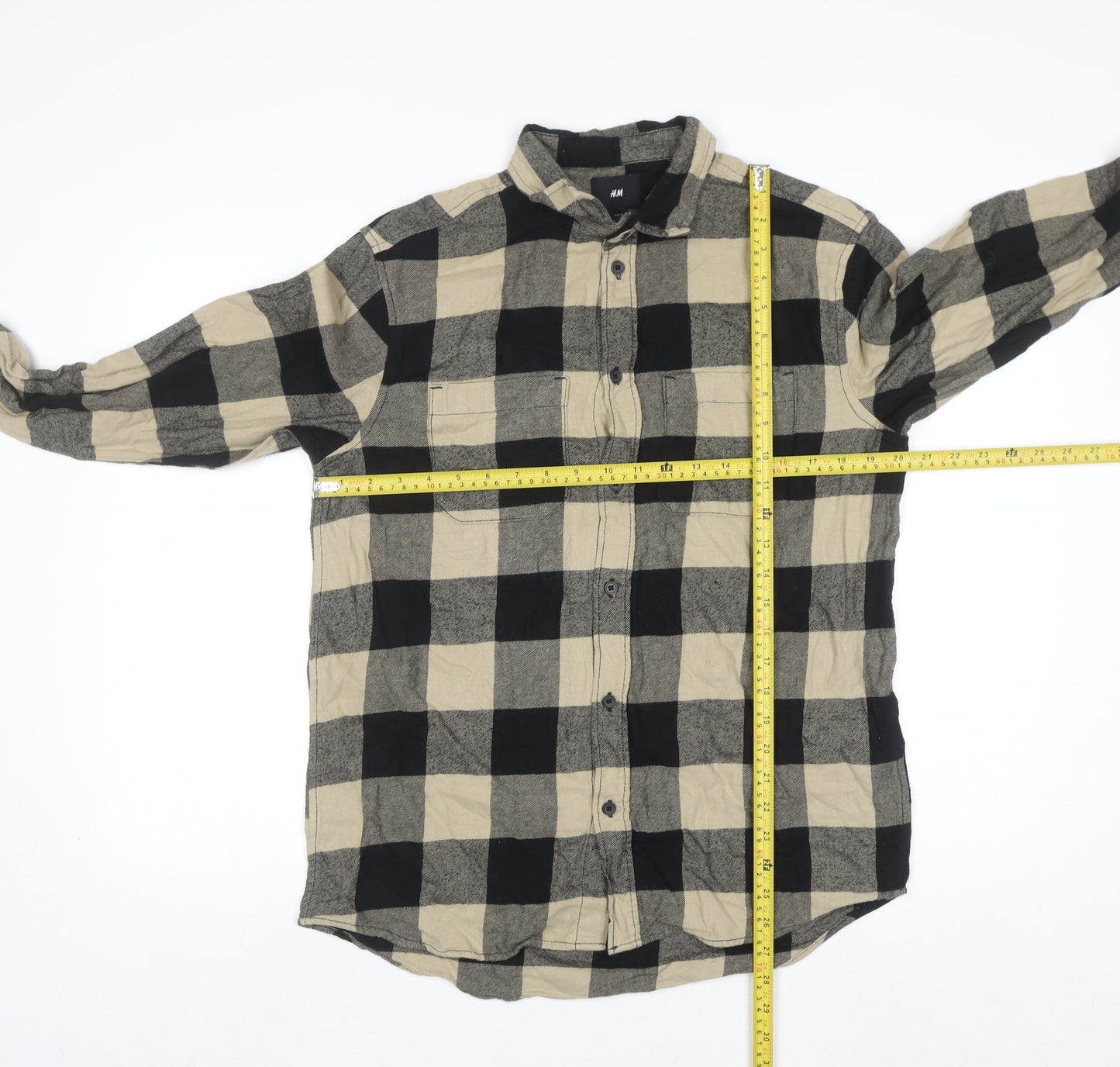 H&M Men's Beige Check Flannel Button-Up Shirt Long Sleeve M