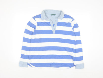 Marks and Spencer Women's Blue Striped Cotton Long Sleeve Polo Shirt Size 14