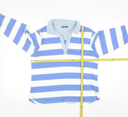 Marks and Spencer Women's Blue Striped Cotton Long Sleeve Polo Shirt Size 14