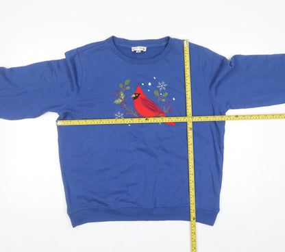 Rebecca Malone Women's Blue Pullover Sweatshirt L Cotton Blend Bird Motif