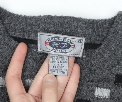 Hemingway Point Men's Grey Check Knit Crew Neck Jumper XL