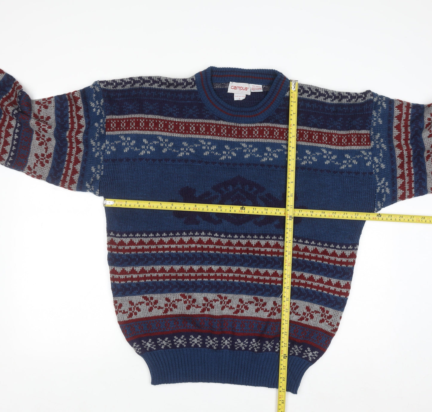 Campus Men's Blue Fair Isle Acrylic Knit Pullover Jumper L