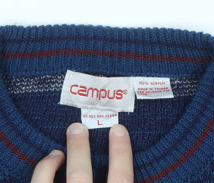 Campus Men's Blue Fair Isle Acrylic Knit Pullover Jumper L