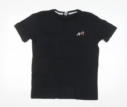 Percival Men's Black Embroidered Cartoon Crew Neck Cotton T-Shirt M