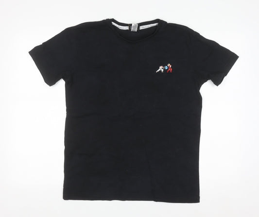 Percival Men's Black Embroidered Cartoon Crew Neck Cotton T-Shirt M