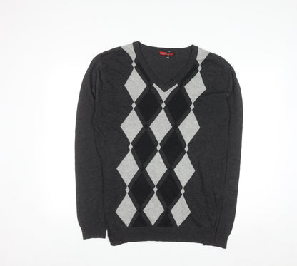Stockhomme Men's Grey Argyle V-Neck Acrylic Jumper L