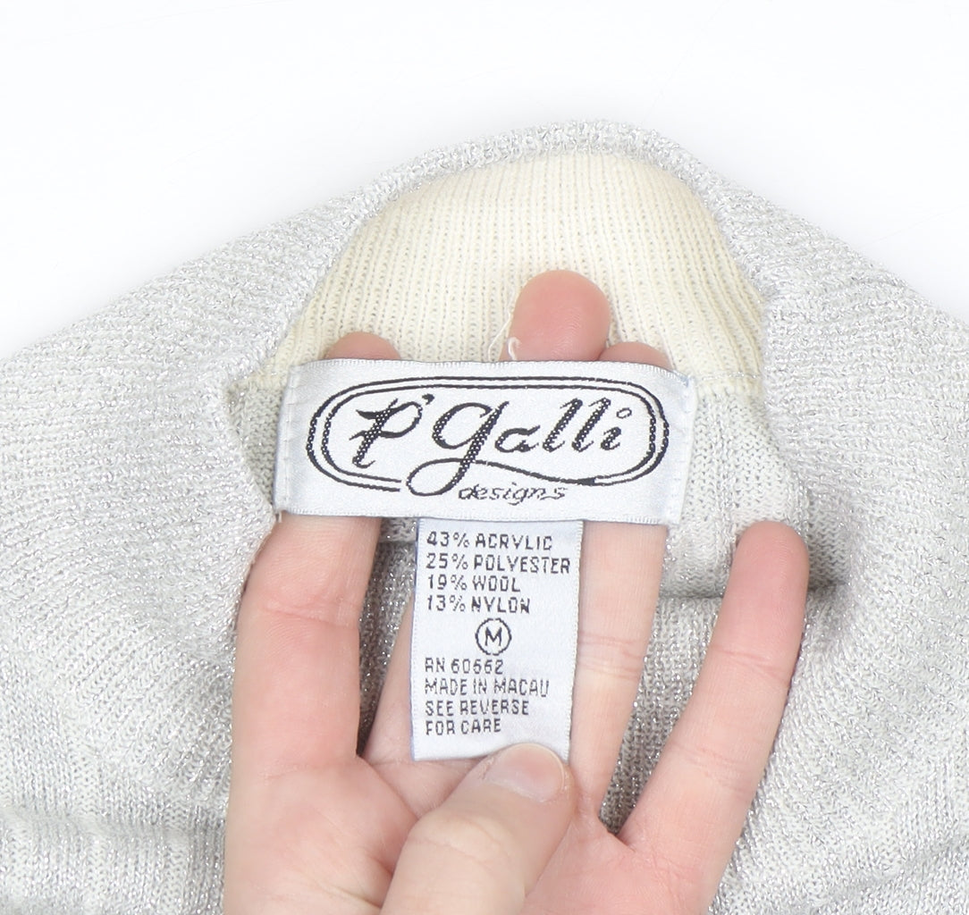 P'Galli Womens Silver Mock Neck Knit Pullover Jumper Size M