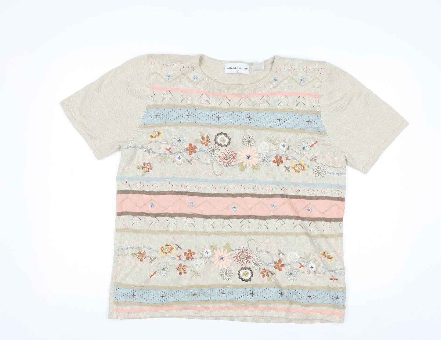 Alfred Dunner Women Beige Floral Embroidered Knit Jumper Size M