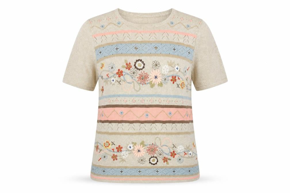 Alfred Dunner Women Beige Floral Embroidered Knit Jumper Size M