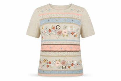 Alfred Dunner Women Beige Floral Embroidered Knit Jumper Size M
