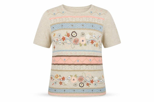 Alfred Dunner Women Beige Floral Embroidered Knit Jumper Size M