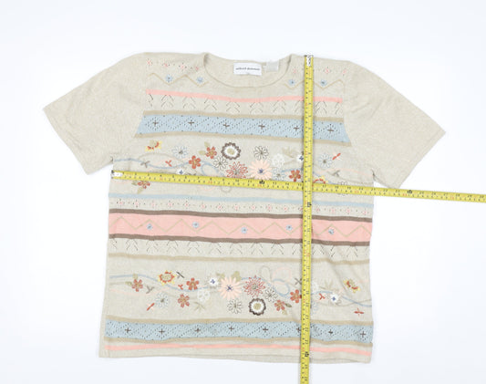 Alfred Dunner Women Beige Floral Embroidered Knit Jumper Size M