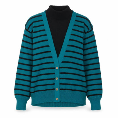 AMILANO Women's Blue Striped V-Neck Button Cardigan M