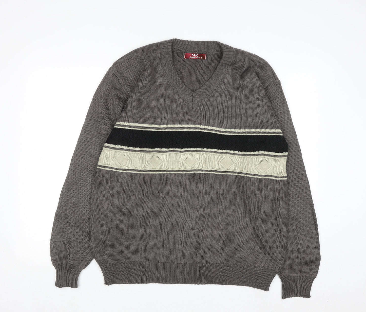MK Collection Men's Grey V-Neck Pullover Jumper L Knitwear