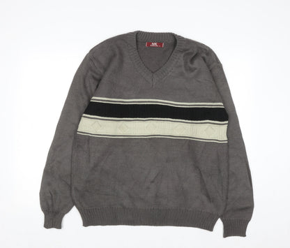 MK Collection Men's Grey V-Neck Pullover Jumper L Knitwear