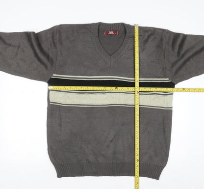MK Collection Men's Grey V-Neck Pullover Jumper L Knitwear