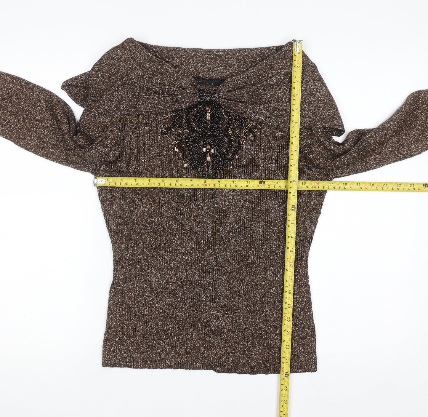 Christine Phillipe Womens Brown Beaded Boat Neck L Knit Jumper