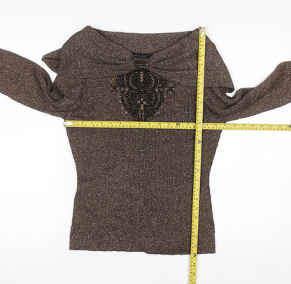 Christine Phillipe Womens Brown Beaded Boat Neck L Knit Jumper