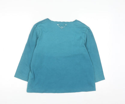 Dash Womens Blue V-Neck 3/4 Sleeve Cotton Stretch Top Size 14
