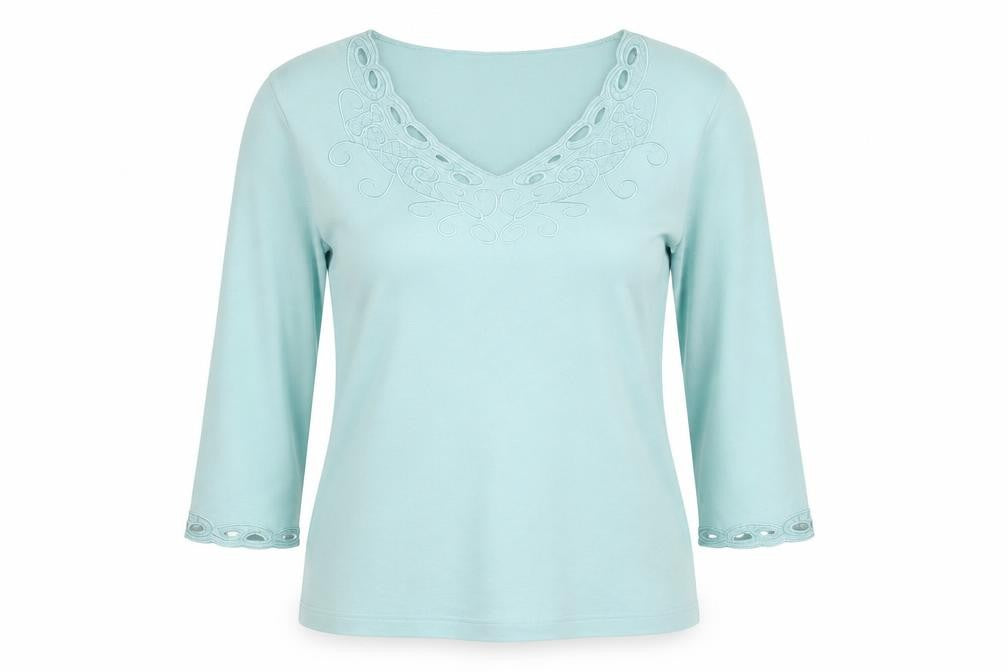 Dash Women's Blue Embroidered V-Neck 3/4 Sleeve Cotton Top Size 14