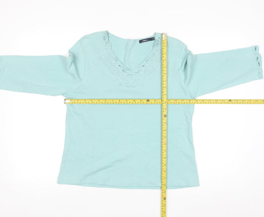 Dash Women's Blue Embroidered V-Neck 3/4 Sleeve Cotton Top Size 14