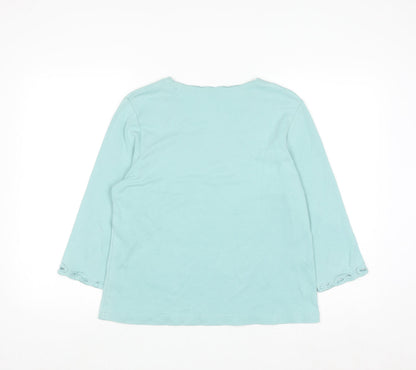 Dash Women's Blue Embroidered V-Neck 3/4 Sleeve Cotton Top Size 14