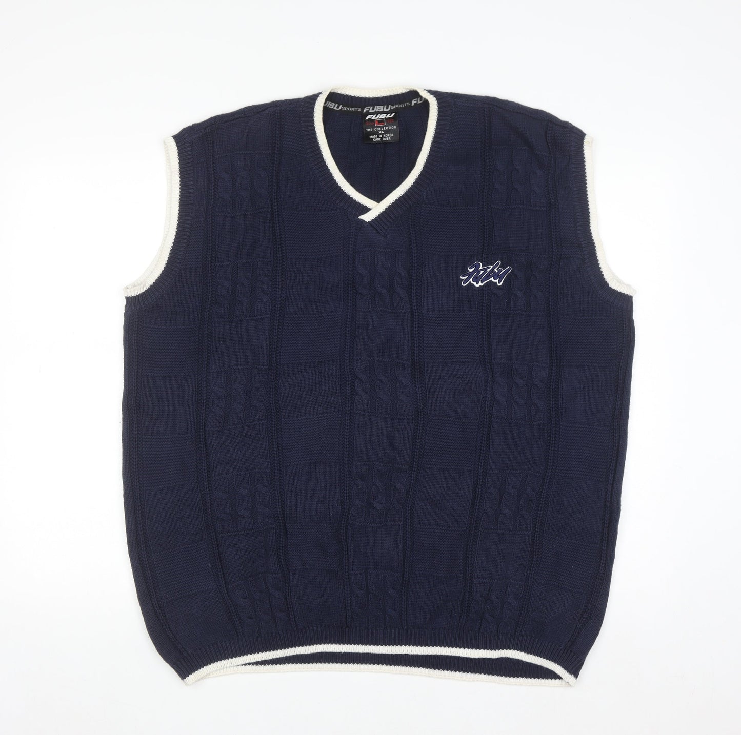 FUBU Men's Blue Cable-Knit Sleeveless V-Neck Vest XL
