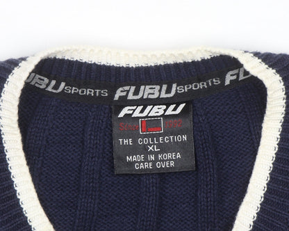 FUBU Men's Blue Cable-Knit Sleeveless V-Neck Vest XL