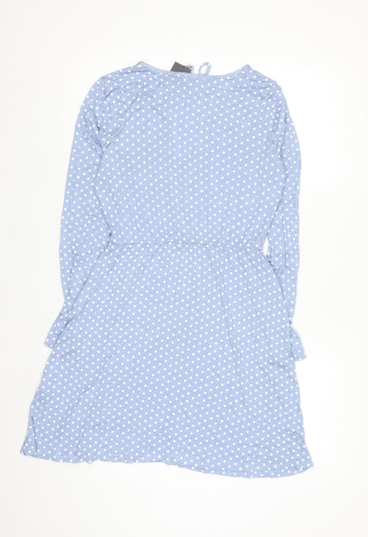 Boohoo Women’s Blue Polka Dot Long Sleeve A-Line Dress Size 14