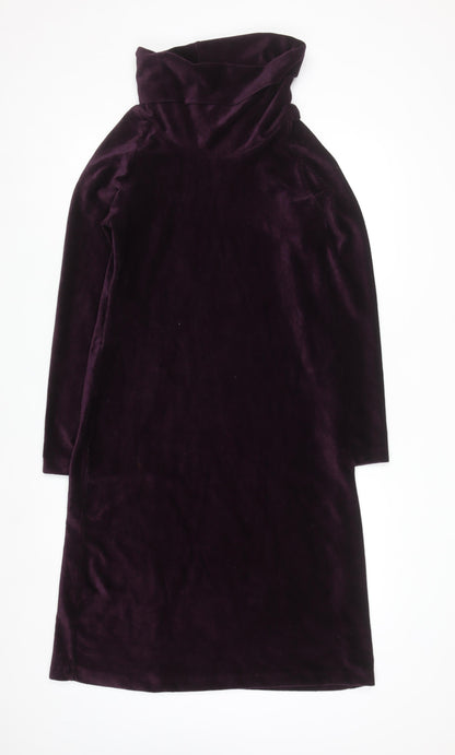 Women's Dark Plum Velour Roll Neck Shift Dress Size 12
