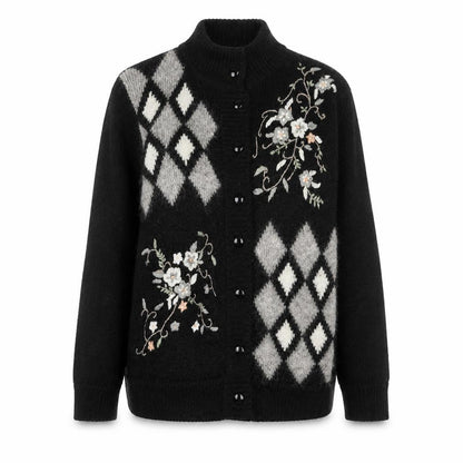 Affections Womens Black Argyle Floral Embroidered Knit Cardigan One Size