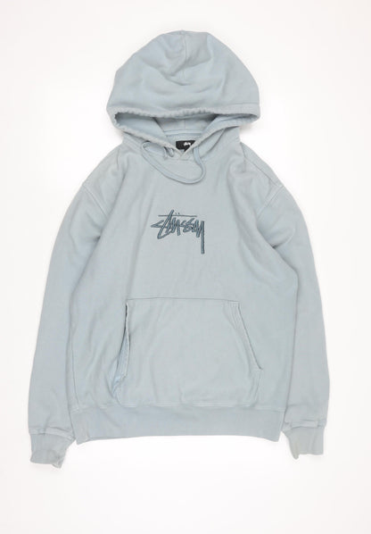 Stussy Men's Blue Pullover Hoodie Medium Cotton Fleece Sweatshirt