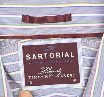 Marks and Spencer Sartorial Blue Striped Cotton Shirt Men’s 16 41 Long Sleeve