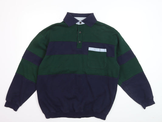 C&A Canda Men's Green & Navy Long Sleeve Polo Medium Classic Fit