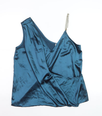 Lipsy Women’s Blue Satin Wrap Blouse with Beaded Strap Size M